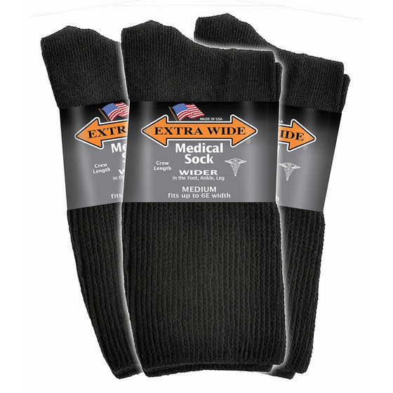 Extra Wide Men's Black Medical (Diabetic) Mid Calf Crew Sock, Shoe Size 8 - 11 Up to 6E Wide 3PK, Antimicrobial, Made in USA!