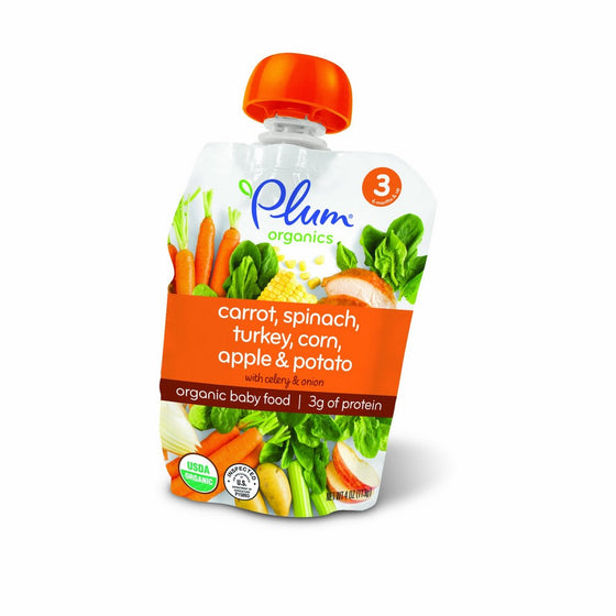Plum Organics Stage 3, Organic Baby Food, Carrot, Spinach, Turkey, Corn, Apple and Potato, 4 ounce pouches (Pack of 12).