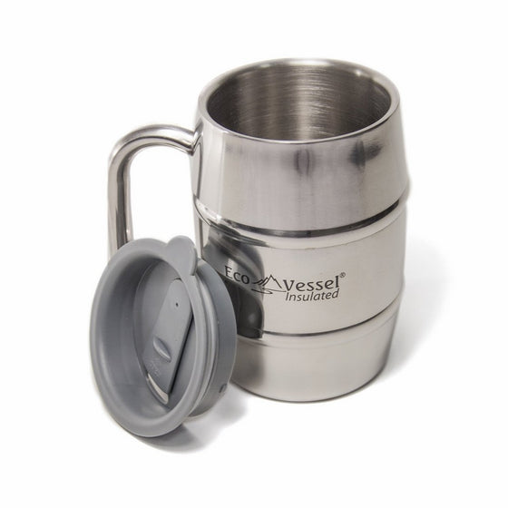 EcoVessel MUG500SE BARREL Double Wall Insulated Stainless Steel Beer and Coffee Mug with Lid - 16 Ounce - Siver Express