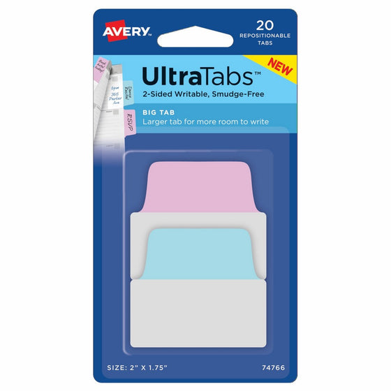 Avery Big Ultra Tabs, 2" x 1.75", 2-Side Writable, Pastel Blue/Pink, 20 Repositionable Tabs (74766)