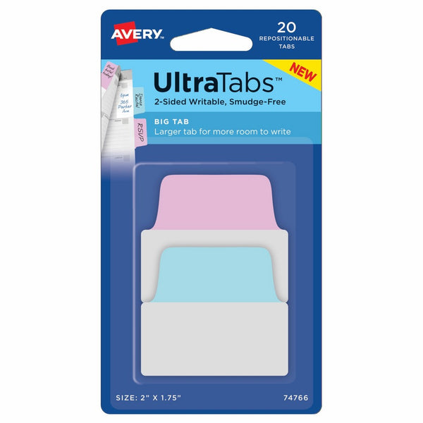 Avery Big Ultra Tabs, 2" x 1.75", 2-Side Writable, Pastel Blue/Pink, 20 Repositionable Tabs (74766)