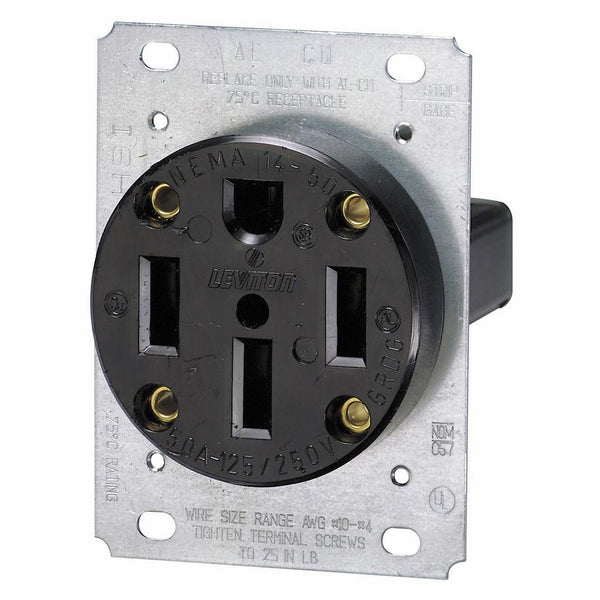 Leviton 279 50 Amp, 125/250 Volt, NEMA 14-50R, 3P, 4W, Flush Mounting Receptacle, Straight Blade, Industrial Grade, Grounding, Side Wired, Steel Strap, Black