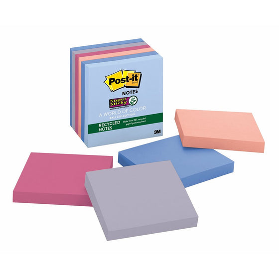 Post-it Recycled Super Sticky Notes, 3 in x 3 in, Bali Collection, 6 Pads/Pack (654-6SSNRP)