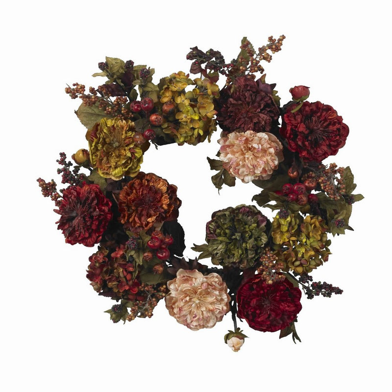 Nearly Natural 4911 Autumn Hydrangea Peony Wreath, 22-Inch, Red