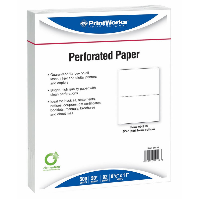 PrintWorks Professional Perforated Paper for Statements, Invoices, Tax Forms, Shipping Documents, Bulletins, Planners and More, 8.5 x 11, 20 lb, 1 Horizontal Perf 5 1/2" From Bottom, 500 Sheets, White (04116)