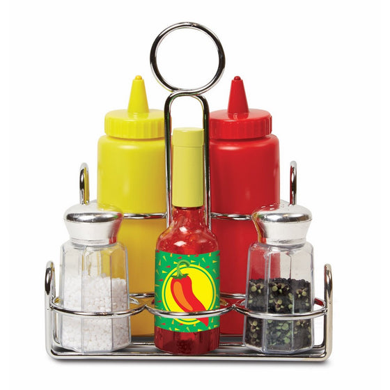 Melissa & Doug Condiments Set (6 pcs) - Play Food, Stainless Steel Caddy