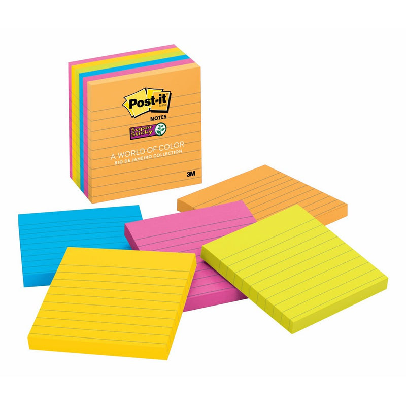 Post-it Super Sticky Notes, 4 in x 4 in, Rio de Janeiro Collection, Lined, 6 Pads/Pack (675-6SSUC)