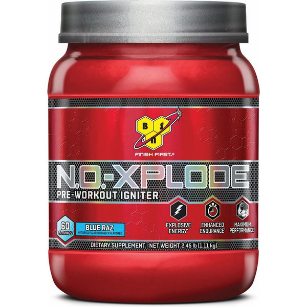 BSN N.O.-XPLODE Pre-Workout Supplement with Creatine, Beta-Alanine, and Energy, Flavor: Blue Raz, 60 Servings