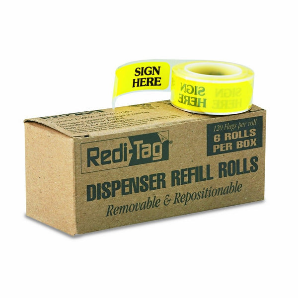 Redi-Tag 91001 Arrow Message Page Flag Refills, "Sign Here", Yellow, 120 Flags per Roll (Box of 6 Rolls)