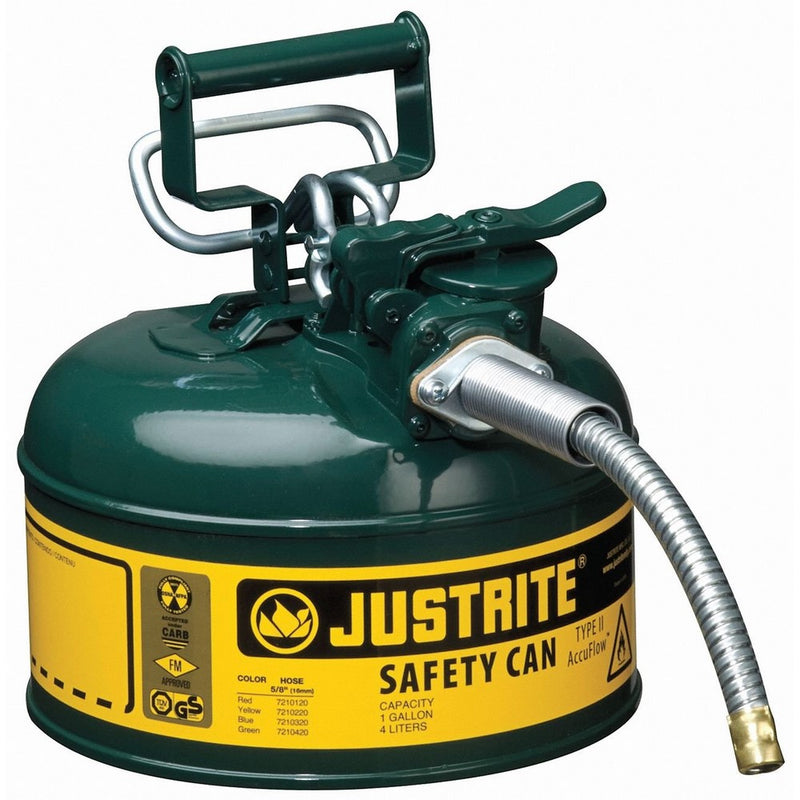 Justrite 7210420 AccuFlow 1 Gallon, Galvanized Steel Type II Green Safety Can With 5/8" Flexible Spout