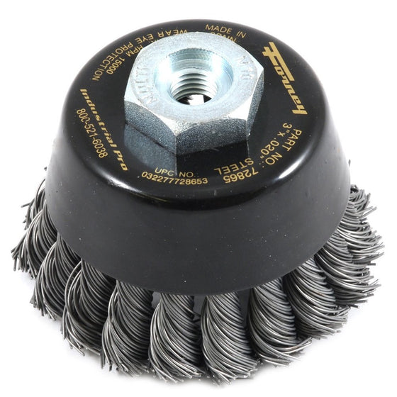 Forney 72865 Wire Cup Brush, Industrial Pro Twist Knot with M10-by-1.50/1.25 Multi Arbor, 3-Inch-by-.020-Inch