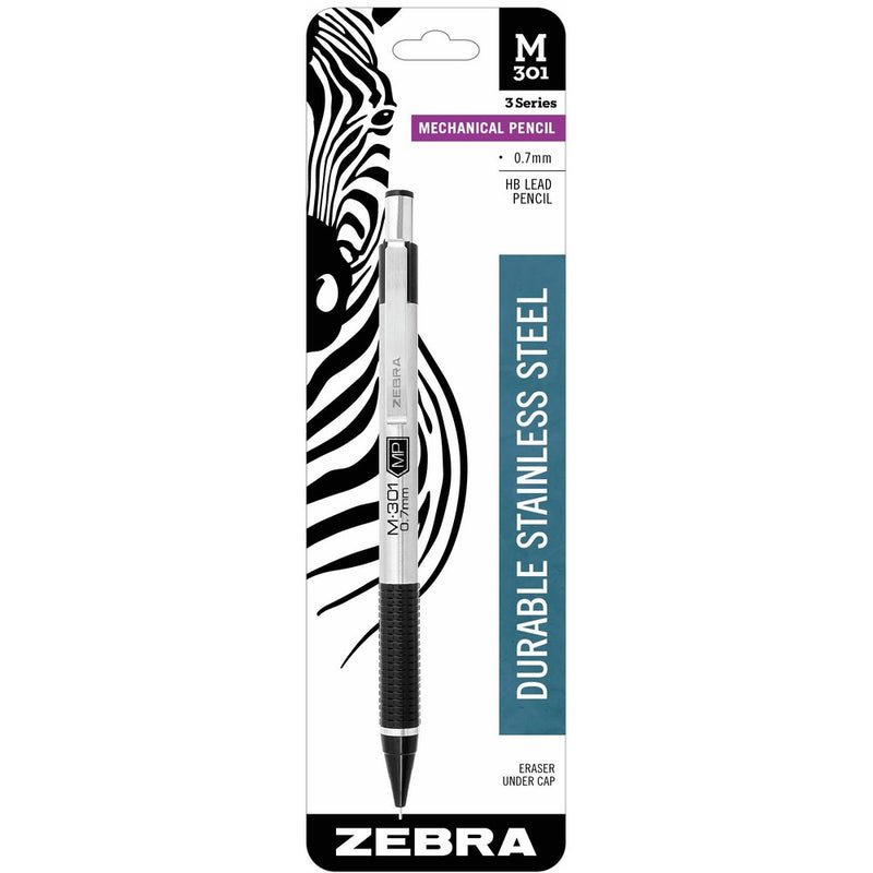 Zebra M-301 Stainless Steel Mechanical Pencil, 0.7mm Point Size, Standard HB Lead, Black Grip, 1-Count