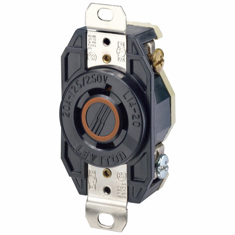 Leviton 2410 20 Amp, 125/250 Volt, Flush Mounting Locking Receptacle, Industrial Grade, Grounding, V-0-MAX, Black