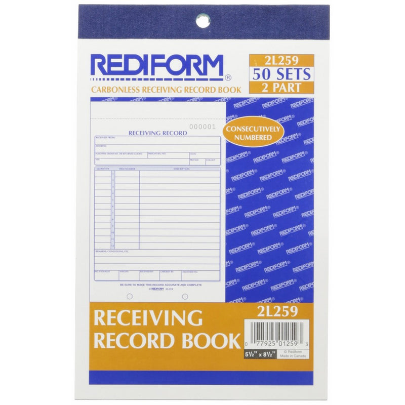 Rediform Receiving Record Book, Carbonless, 5.5 x 7.875 inches, 50 Duplicates (2L259)