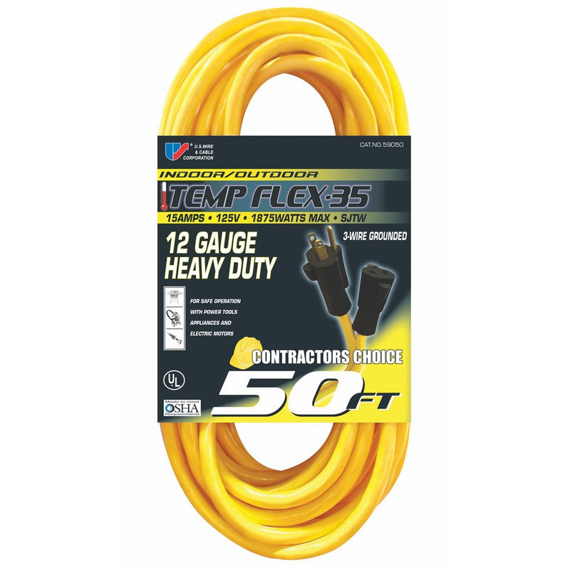 US Wire 59050 12/3 50-Foot SJTW Yellow Heavy Duty Extension Cord