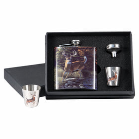 River's Edge Deer Design Stainless Steel Flask with Loading Funnel and Shot Glass