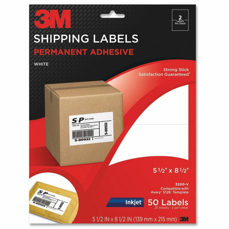 3M Permanent Adhesive Shipping Labels, 5-0.5 x 8.5 Inches, White, 50 per Pack (3200-V)