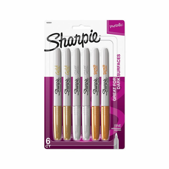 Sharpie 1829201 Metallic Permanent Markers, Fine Point, Assorted Colors, 6-Count