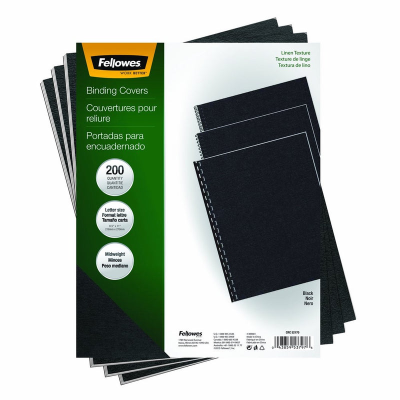 Fellowes Binding Linen Presentation Covers, Letter, Black, 200 Pack (5217001)