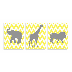 The Kids Room by Stupell Elephant, Giraffe, Lion Silhouettes In Grey On Yellow Chevron 3-Pc. Rectangle Wall Plaque Set, 11 x 0.5 x 15, Proudly Made in USA