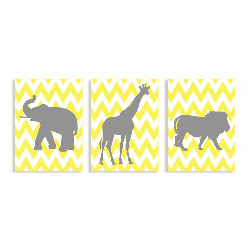 The Kids Room by Stupell Elephant, Giraffe, Lion Silhouettes In Grey On Yellow Chevron 3-Pc. Rectangle Wall Plaque Set, 11 x 0.5 x 15, Proudly Made in USA