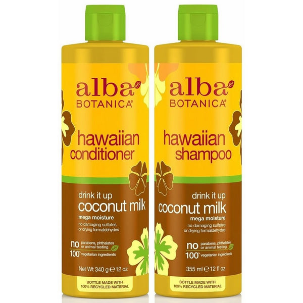 Alba Botanica Drink It Up Coconut Milk, Hawaiian Duo Set Shampoo and Conditioner, 12 Ounce Bottle Each