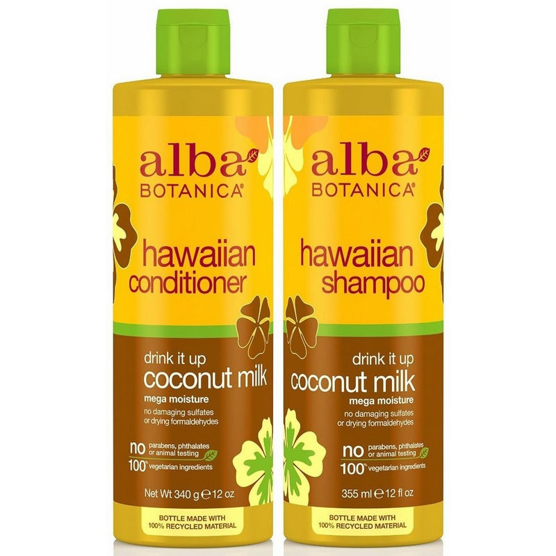 Alba Botanica Drink It Up Coconut Milk, Hawaiian Duo Set Shampoo and Conditioner, 12 Ounce Bottle Each