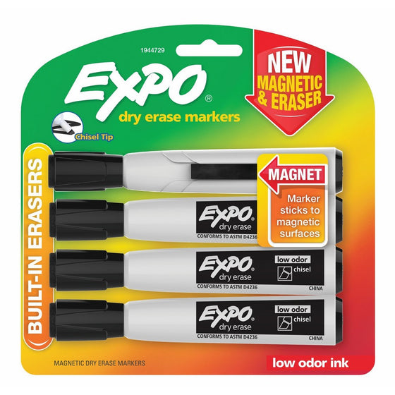 EXPO Magnetic Dry Erase Markers with Eraser, Chisel Tip, Black, 4-Count