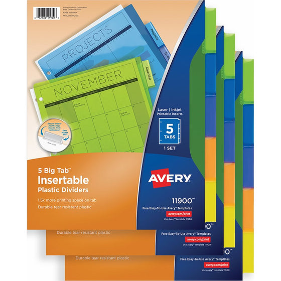 Avery Big Tab Insertable Plastic Dividers, 5-Tab Set, Multicolor, Multi Pack of 3 Sets (11900)