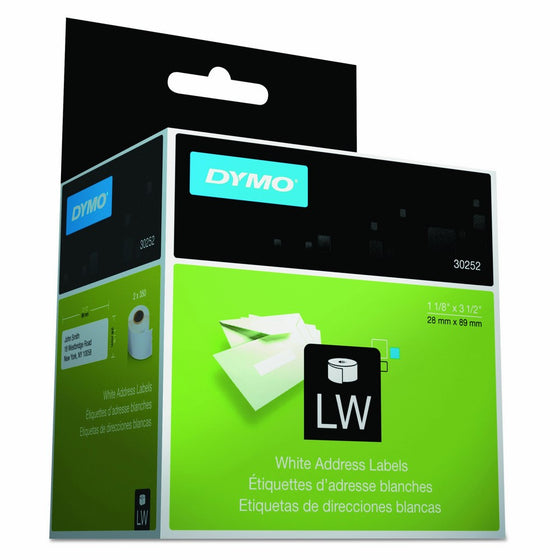 Dymo 30252 LabelWriter LW Adhesive White Mailing Address Labels 1 1/8" x 3 1/2" (28 x 89 mm); Retail Box With 2 Rolls of 350 Labels per Roll, For a Total of 700 Labels