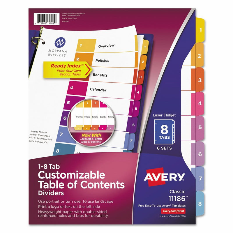 Avery Ready Index Table of Contents Dividers, 8-Tab Set, 6 Sets (11186)