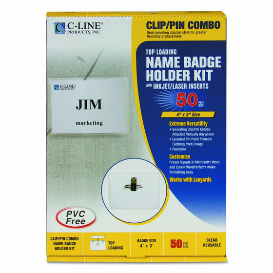 C-Line Clip/Pin Combo Style Name Badge Holders with Inserts, 4 x 3 Inches, 50 per Box (95743)