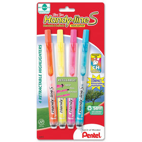 Pentel Handy-line S Retractable Highlighter, Chisel Tip, Assorted Ink Colors, 4/ Pack (SXS15BP4M)