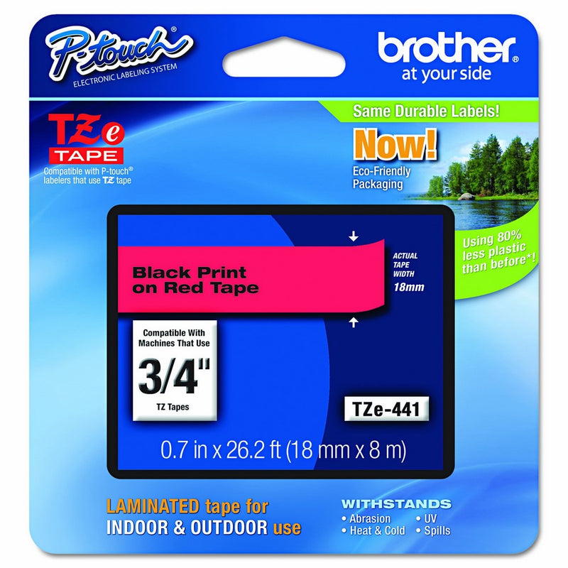 Brother P-touch Genuine TZe-441, 3/4" (0.7") Black on Red Standard Laminated Tape –26.2 ft(8m) (TZE441)