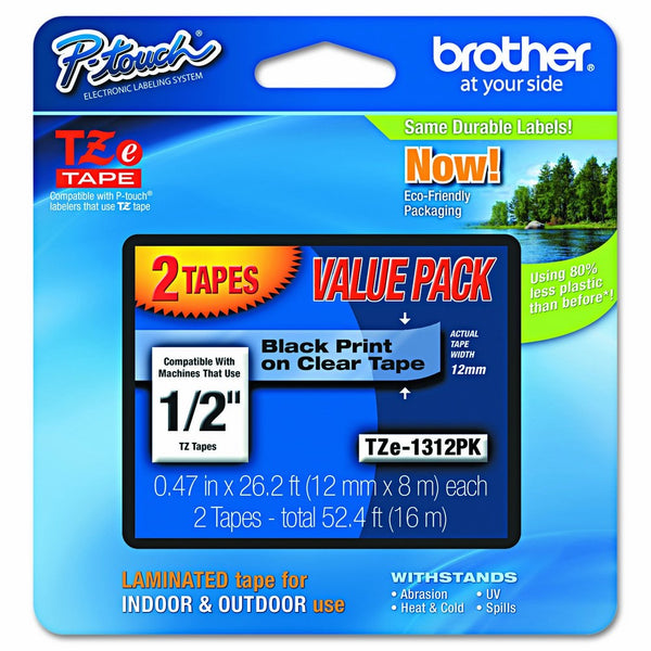 Brother P-touch TZe1312PK 1/2” Standard Laminated Tape, Black on Clear, 26.2 Feet (2-Pack)