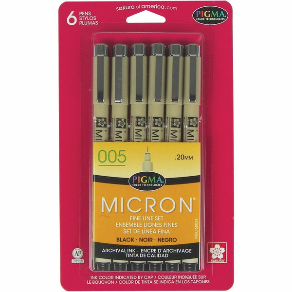 Sakura Pigma 50034 Micron Blister Card Ink Pen Set, Black, 005 6CT