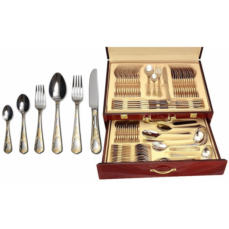 Italian Collection 'Florence' 75-Piece Premium Surgical Stainless Steel Silverware Flatware Set 18/10, Service for 12, 24K Gold-Plated Hostess Serving Set in a Wooden Case