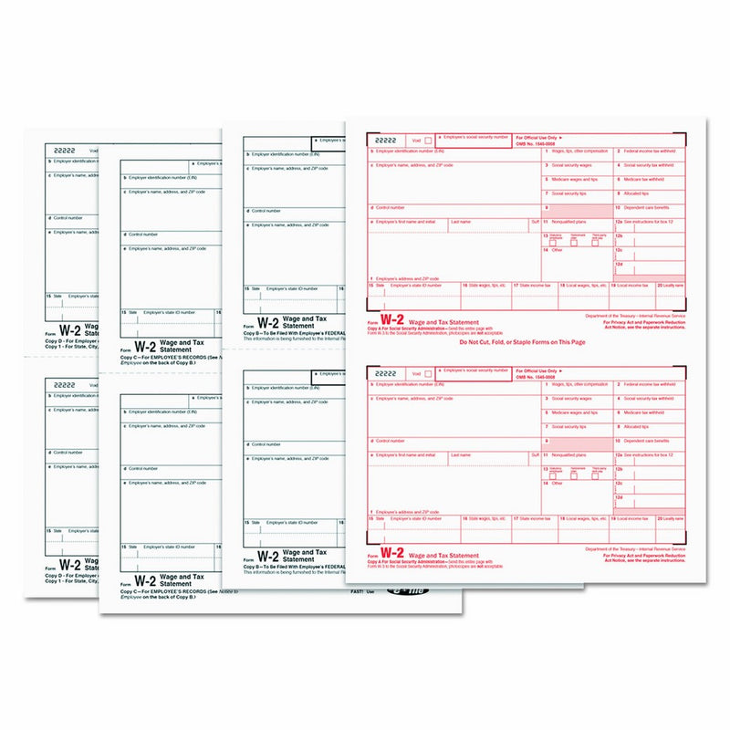 TOPS 22990 W-2 Tax Forms, 4-Part, 5 1/2 x 8 1/2, Inkjet/Laser, 50 W-2s & 1 W-3