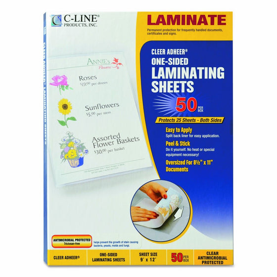 C-Line 65009 Cleer Adheer Self-Adhesive Laminating Film, 3 mil, 9" x 12" (Box of 50)