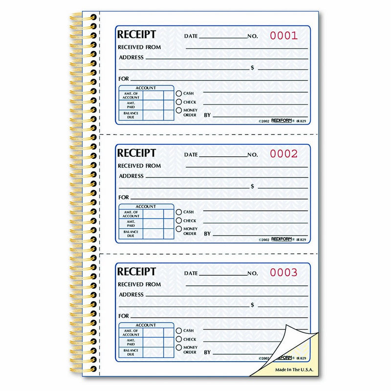 RediformMoney Receipt Book, Gold Standard, Two-PartCarbonless,8.5 x 5.5, 3 per Page (8L829)