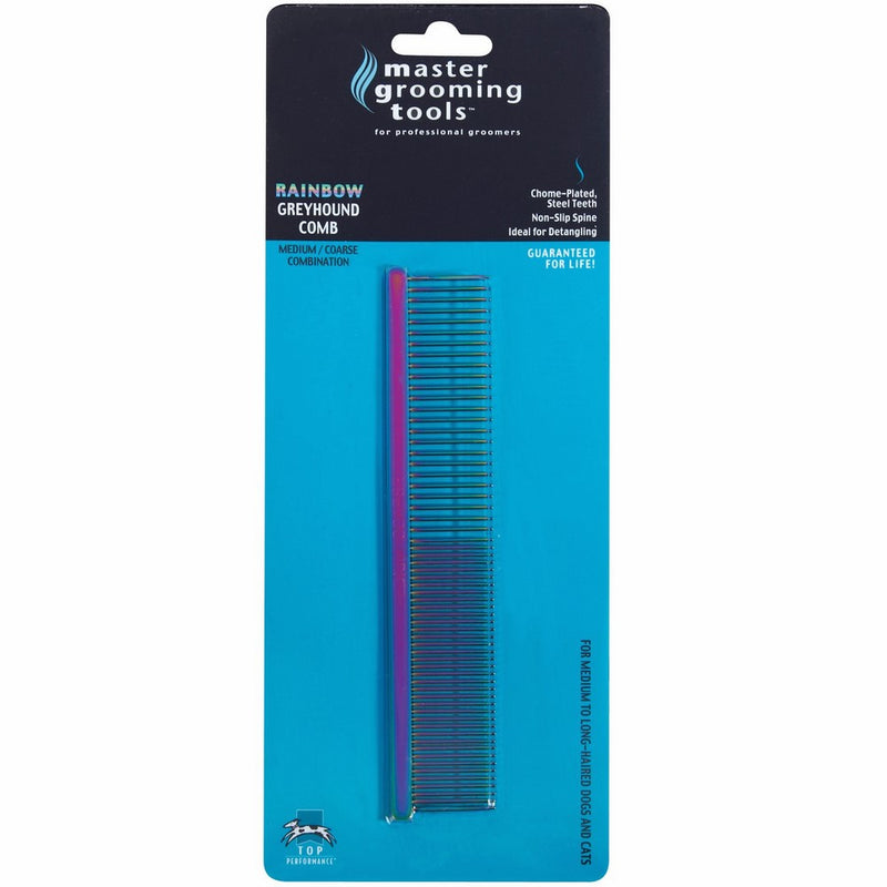 Master Grooming Tools Rainbow Greyhound Combs — European-Style Combs for Grooming Dogs - Medium/Coarse, 7½"