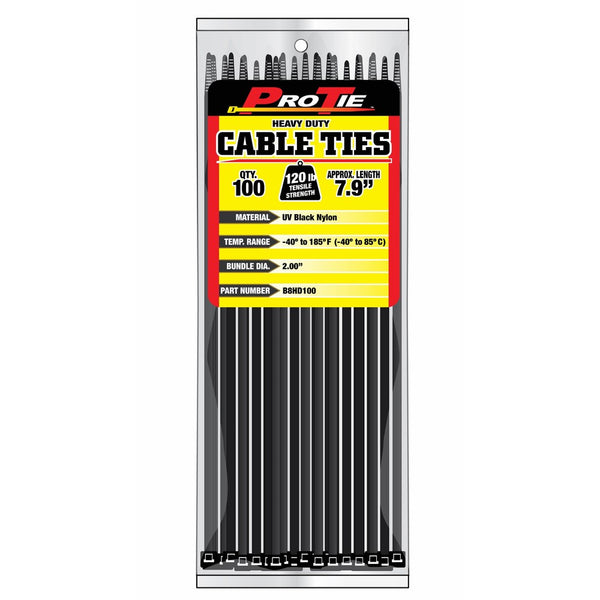 Pro Tie B8HD100 7.9-Inch Heavy Duty Standard Cable Tie, UV Black Nylon, 100-Pack