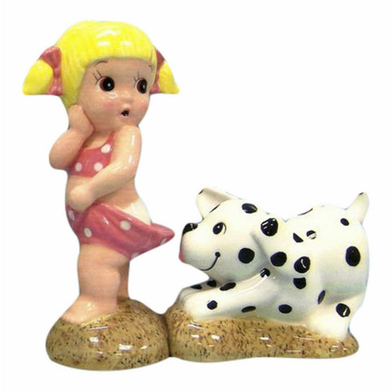 Girl with Little Dog Salt & Pepper Shakers Set By 180 Degrees,pink, yellow, tan, black, white