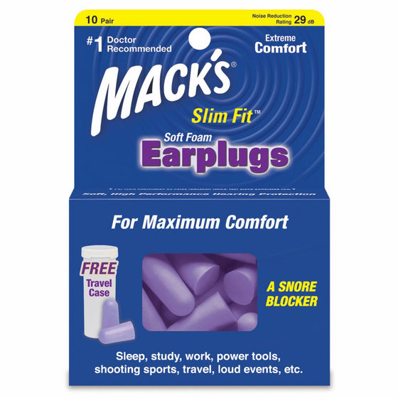 Mack's Slim Fit Soft Foam Earplugs, 10 Pair - Small Ear Plugs for Sleeping, Snoring, Traveling, Concerts, Shooting Sports and Power Tools