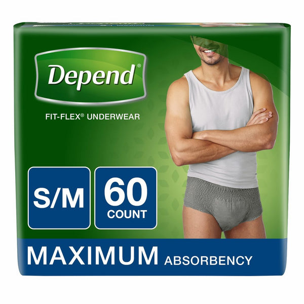 Depend FIT-FLEX Incontinence Underwear for Men, Maximum Absorbency, S/M, Gray, 60 Count