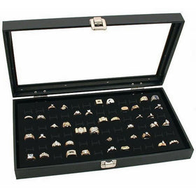Novel Box Glass Top Black Jewelry Display Case 72 Slot Compartment Ring Tray