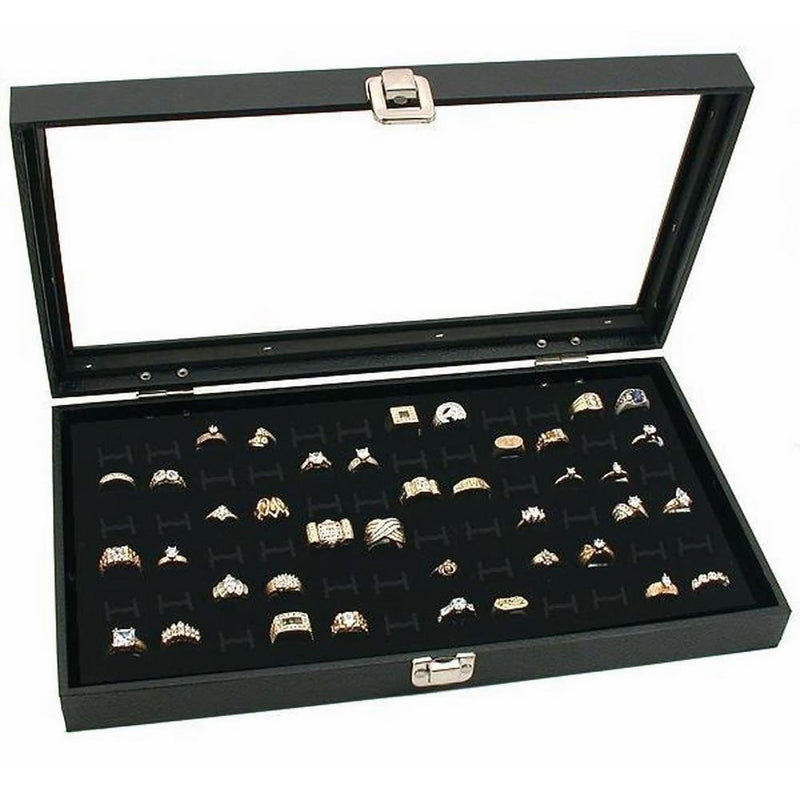 Novel Box Glass Top Black Jewelry Display Case 72 Slot Compartment Ring Tray