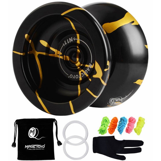 MAGICYOYO New Design N11 Alloy Aluminum Professional Yoyo Unresponsive YoYo ball (Black With Golden) with Bag, Glove and 5 Strings