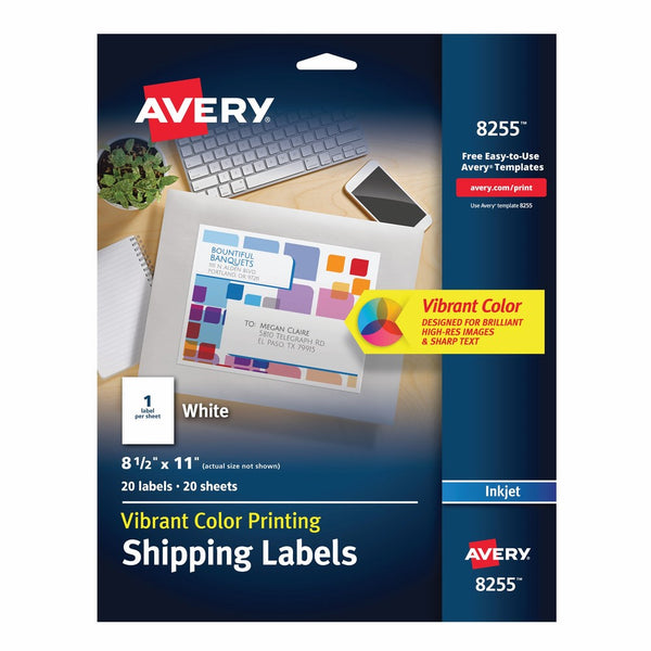 Avery Color Printing Labels for Inkjet Printers, Matte White, 8.5 x 11 Inch, Pack of 20(8255)