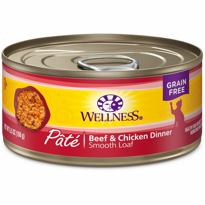 Wellness Natural Grain Free Wet Canned Cat Food, Beef & Chicken Pate, 5.5-Ounce Can (Pack of 24)